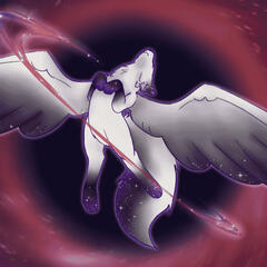 A picture of Galaxy Dreamer, a white wolf with galactic markings and wings, flying in space.